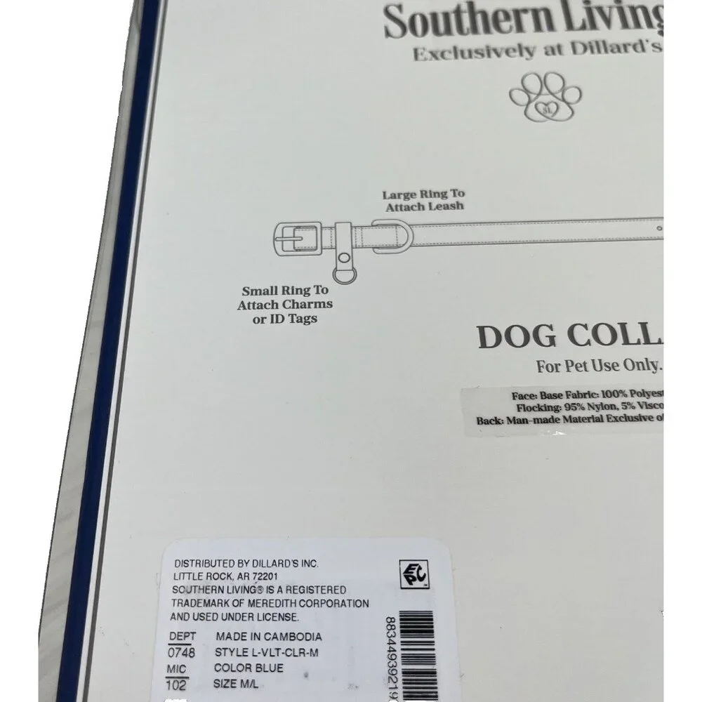 NEW Southern Living Dog Collar Size Medium/Large (M/L) Blue